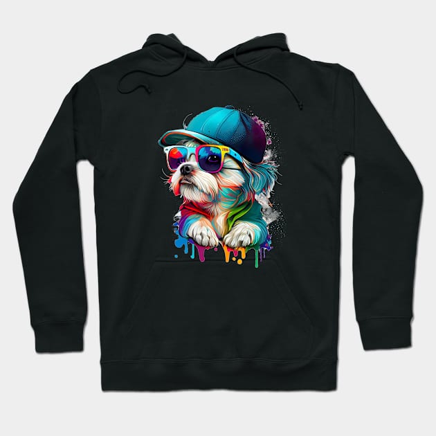 Colourful cool Malteser Terrier dog with sunglasses and Cap Hoodie by MLArtifex